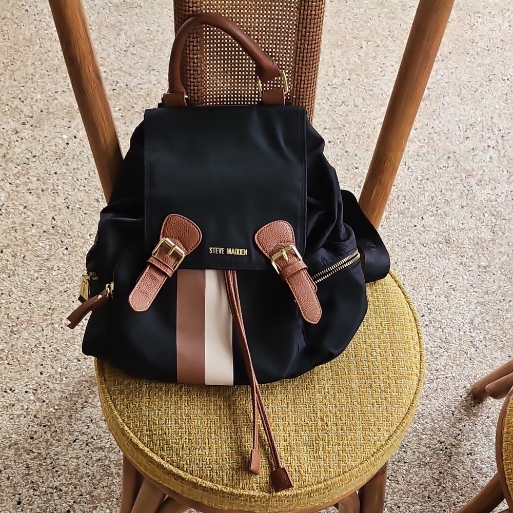 Steve Madden Backpack Bsolly Drawstring Nylon Backpack Travel Bag Black/Brown